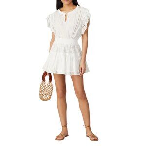 Misa Sakira Mini Dress Womens XS White Embroidered Eyelet Flutter Sleeve Cotton